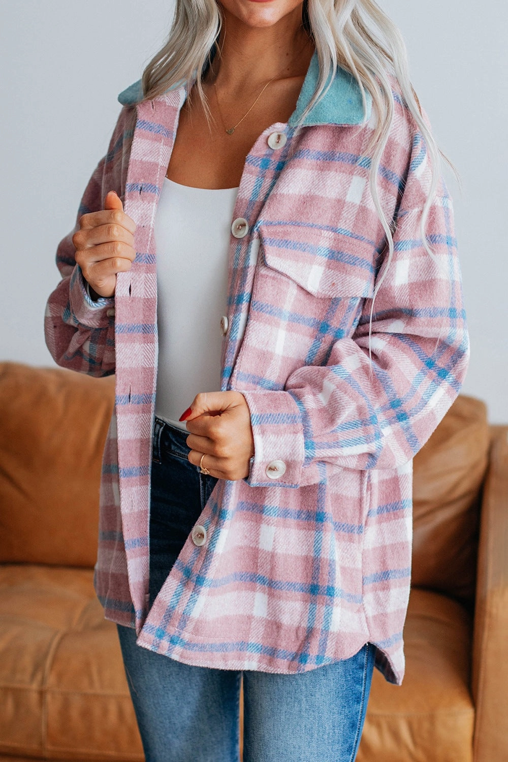 Plaid Collared Neck Flap Pockets Shacket Deal of the Day Gift Ideas Galore