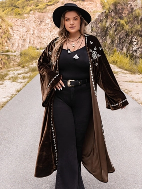 Plus Size Embroidery Open Front Long Sleeve Cardigan Shop the Savings Mega Hot Offer