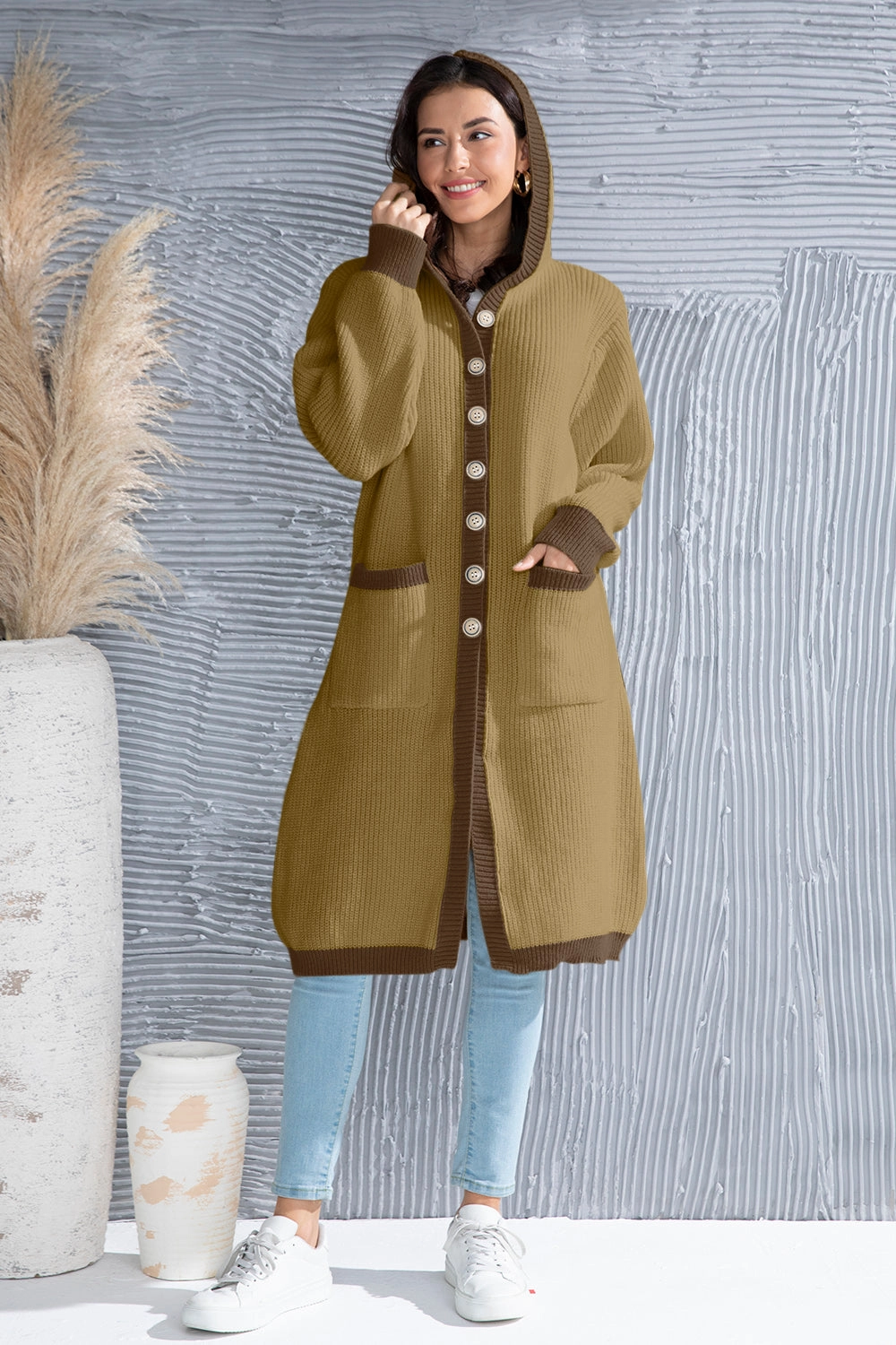 Big Savings Today Button Up Contrast Trim Hooded Cardigan