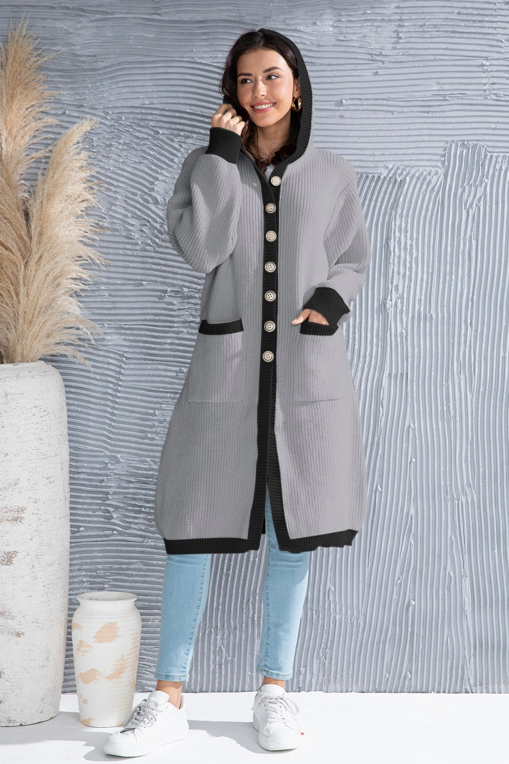 Button Up Contrast Trim Hooded Cardigan Trending Now Offer