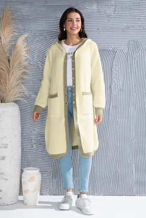 Button Up Contrast Trim Hooded Cardigan Hot Pick Sale