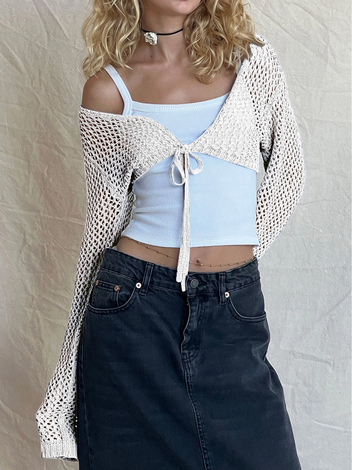 Openwork Tied Dropped Shoulder Cardigan Today Only Steal