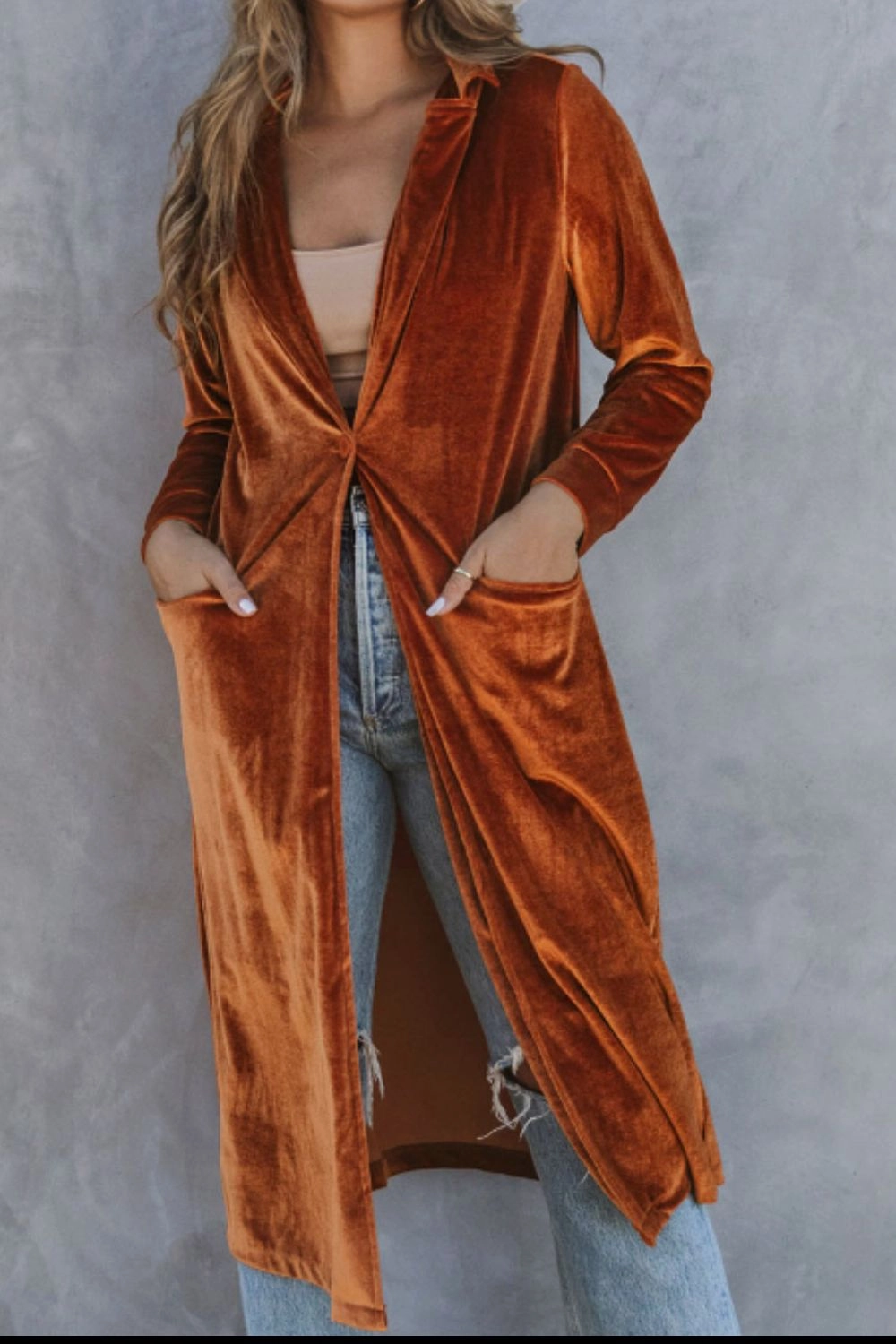 Shop Grab Offer Dont Wait Save Today Collared Neck Longline Velvet Cardigan With Pockets