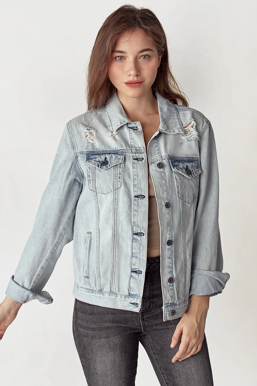 Risen Distressed Button Up Jacket Special Steal Event