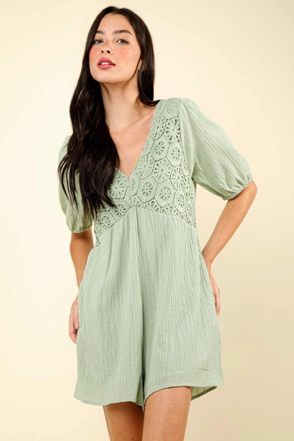 Very J Lace Detail Puff Sleeve Romper With Pockets Todays Trending Deals Clearance Blowout