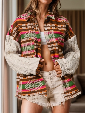 Limited Time Sale Geometric Collared Neck Long Sleeve Jacket