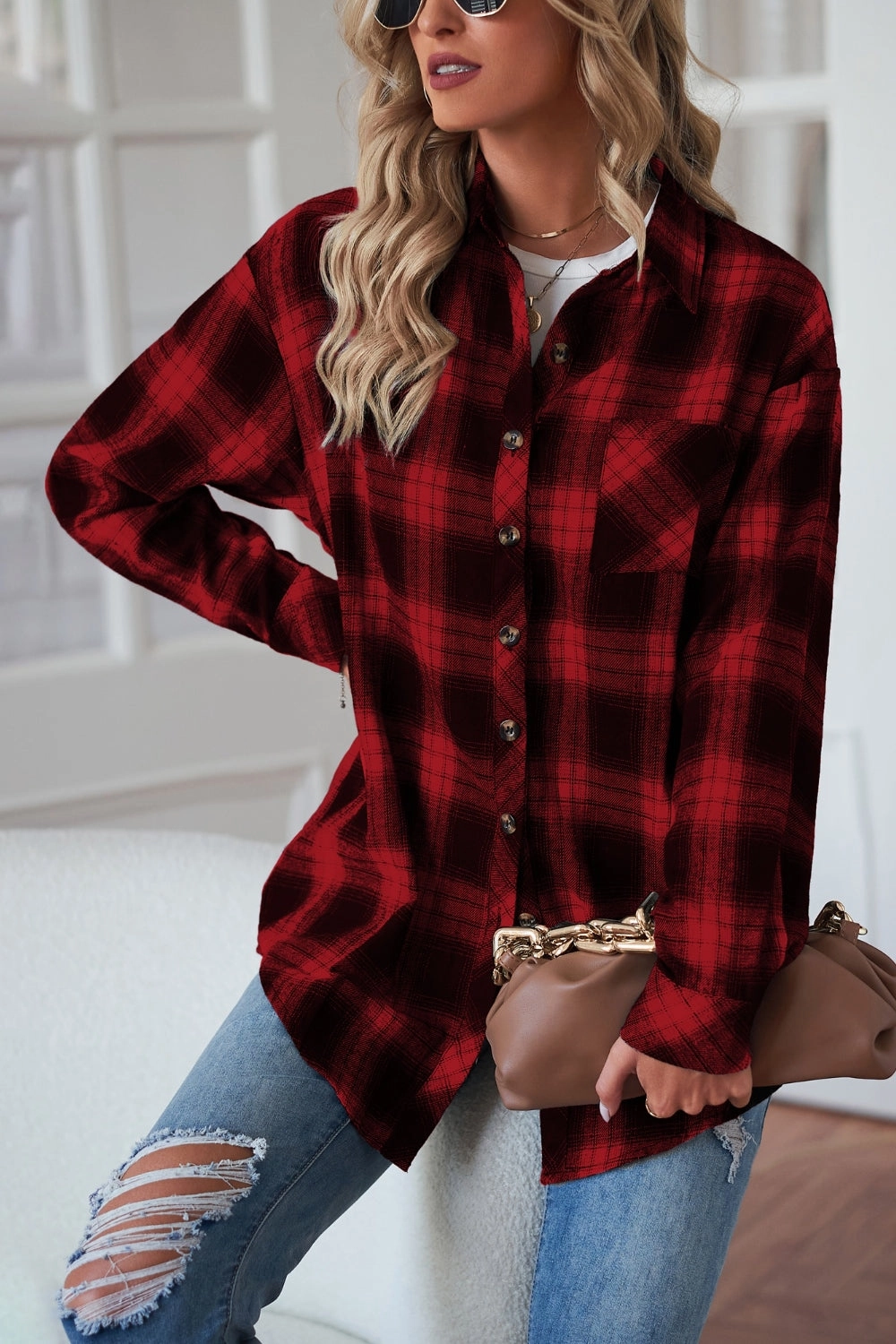 Plaid Button Up Dropped Shoulder Outerwear Limited Offer Alert Todays Mega Savings