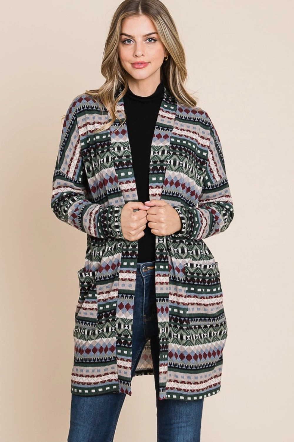Bombom Geometric Open Front Long Sleeve Cardigan With Pockets Online Exclusive Steal