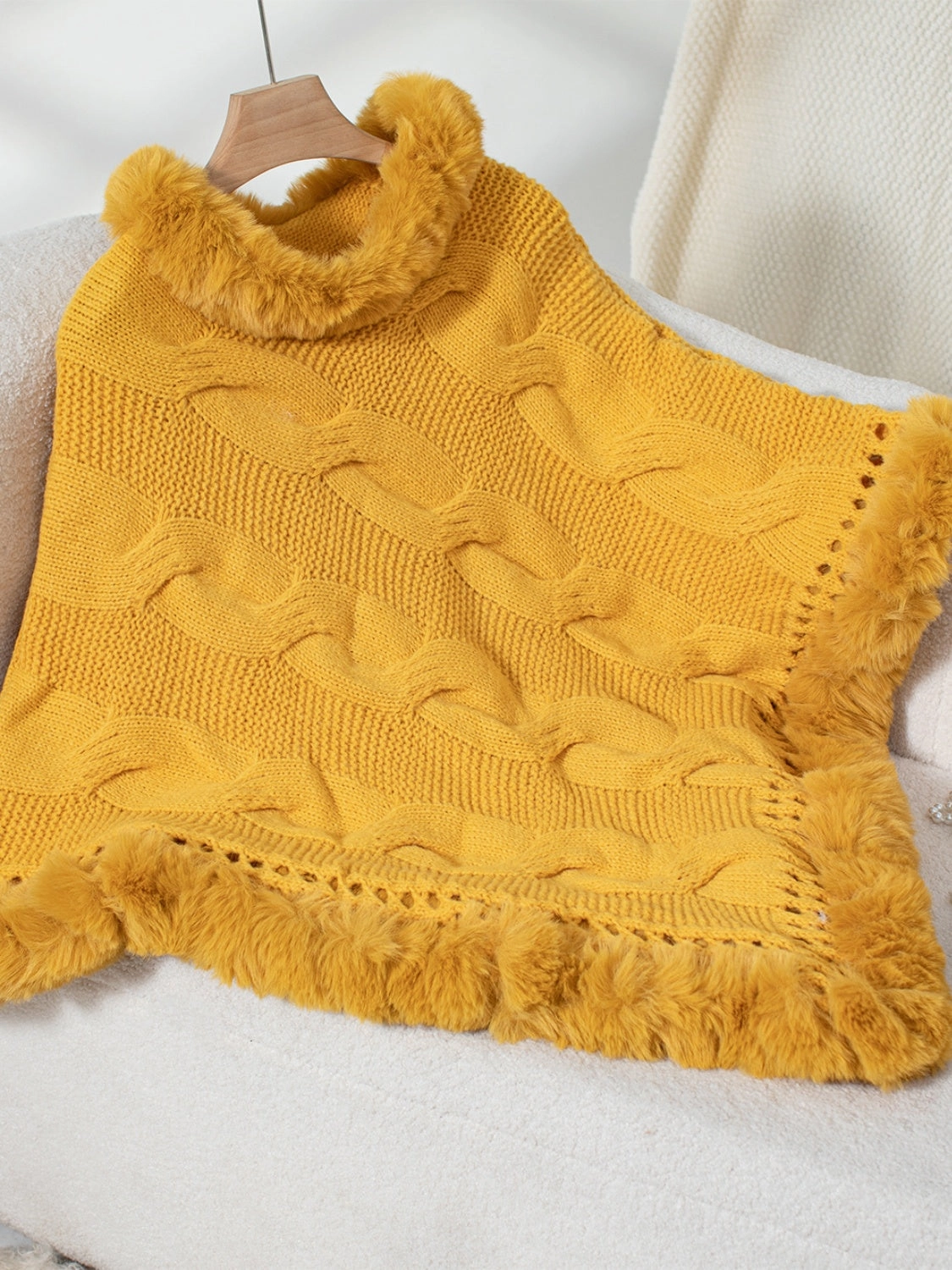 Fuzzy Hem Cable-Knit Poncho Hot Offer Frenzy Deal Frenzy Today