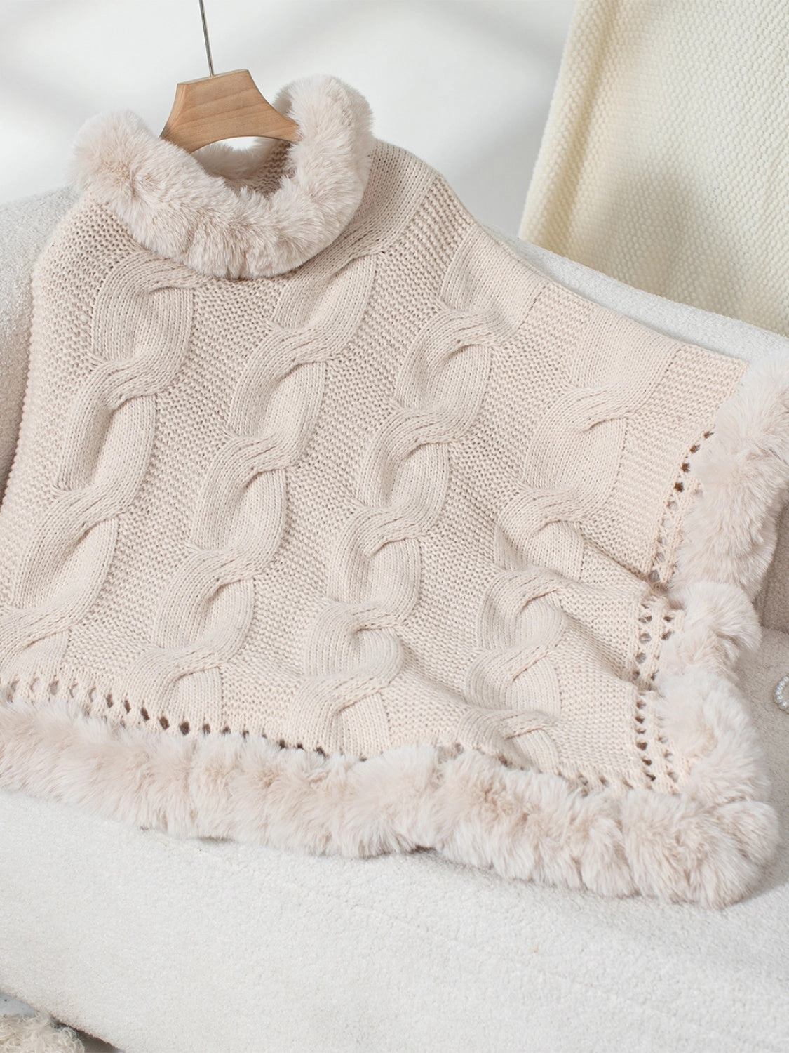 Fuzzy Hem Cable-Knit Poncho MustHave Items Today Only Discount