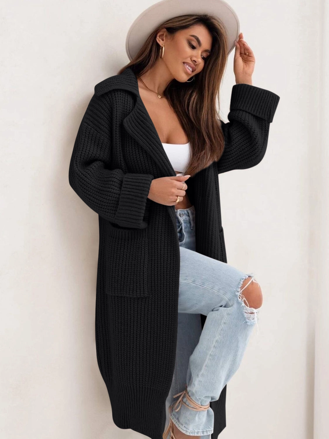 Pocketed Collared Neck Dropped Shoulder Cardigan Limited Edition Offer