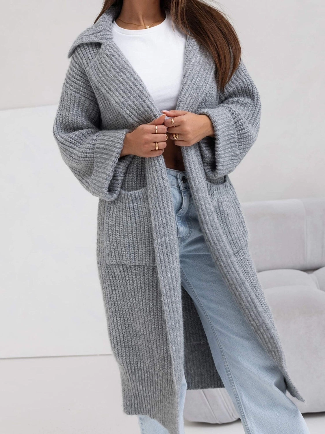 Pocketed Collared Neck Dropped Shoulder Cardigan Clearance Event
