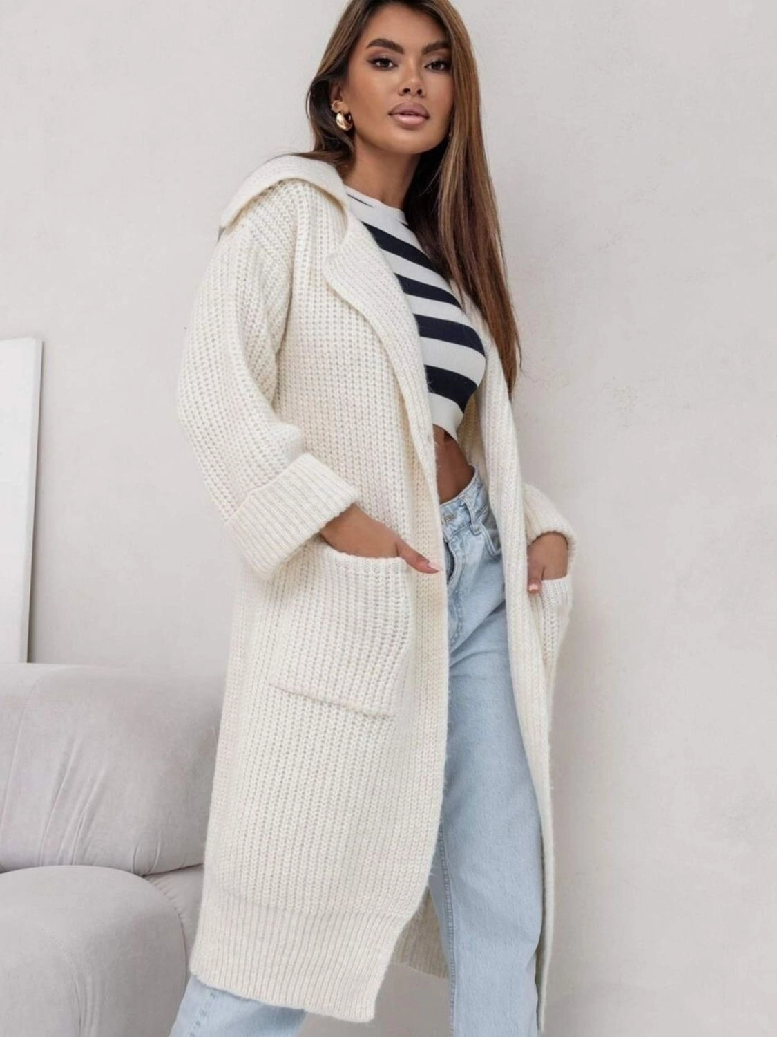 Pocketed Collared Neck Dropped Shoulder Cardigan Mega Sale Now