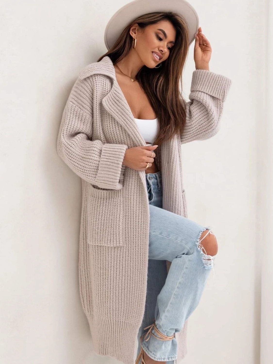 Special Surprise Sale Pocketed Collared Neck Dropped Shoulder Cardigan