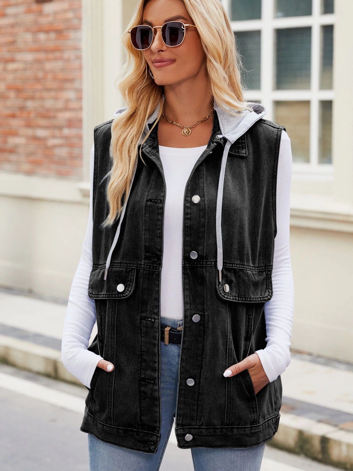 Mega Online Discount Drawstring Hooded Sleeveless Denim Jacket