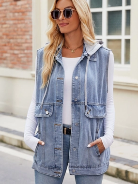 Hot Clearance Now Price Drop Frenzy Drawstring Hooded Sleeveless Denim Jacket