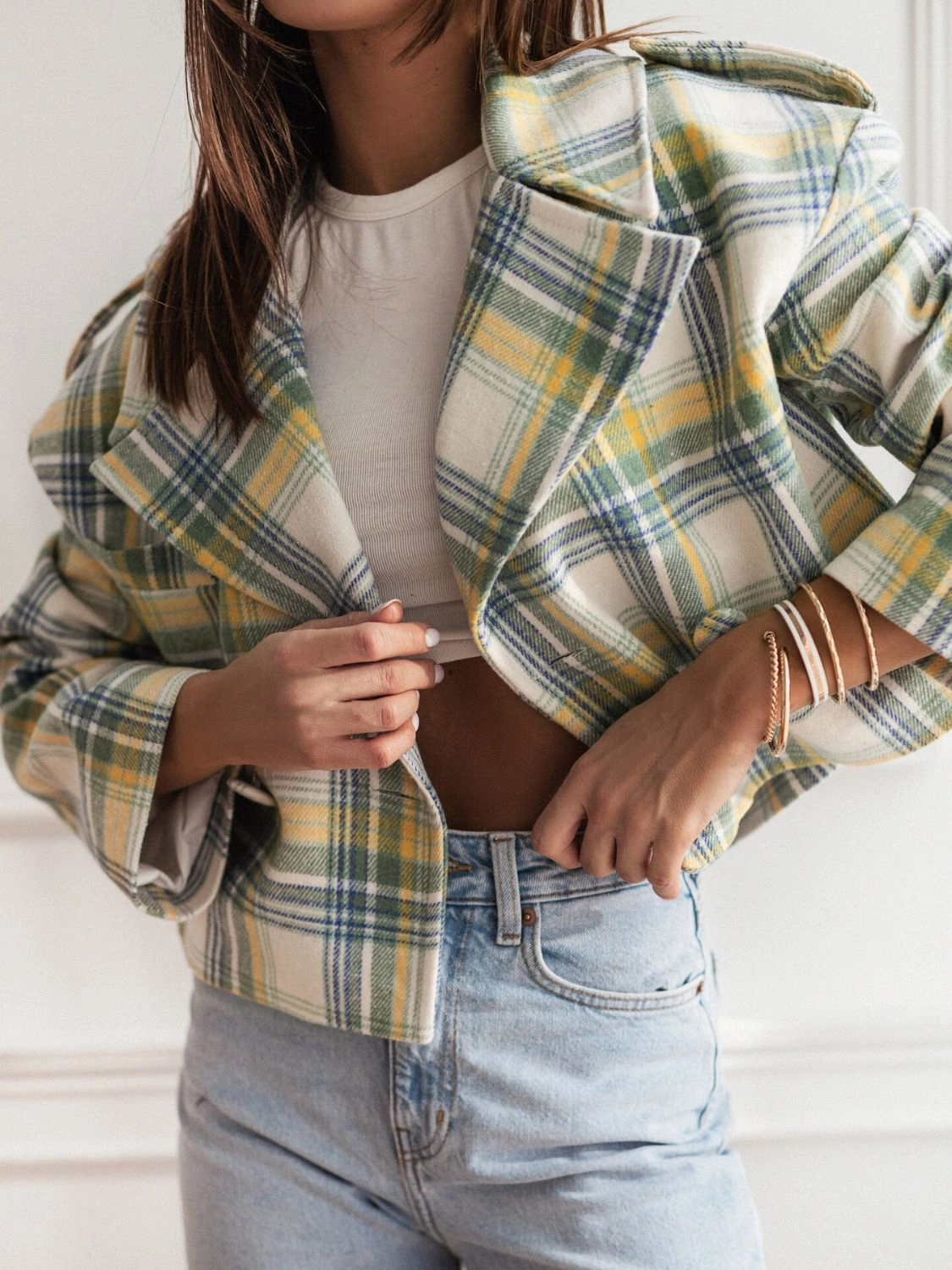 Instant Savings Deal Lapel Collar Plaid Cropped Jacket