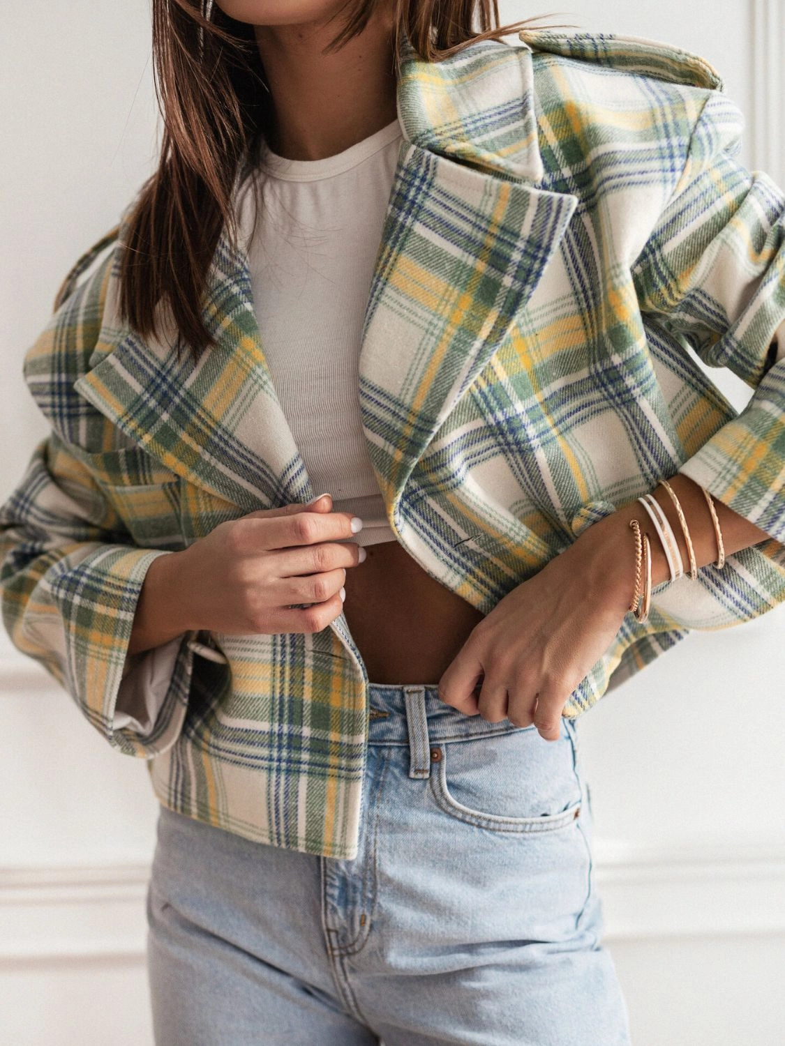 Best Seller Deal Lapel Collar Plaid Cropped Jacket
