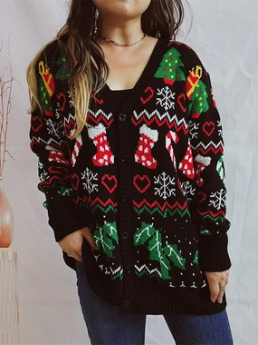 Printed Button Up V-Neck Long Sleeve Cardigan With Pockets Big Clearance Event Grab Your Hot Pick