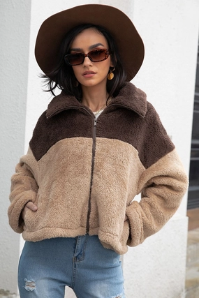 Two-Tone Collared Neck Fuzzy Jacket Save More Online
