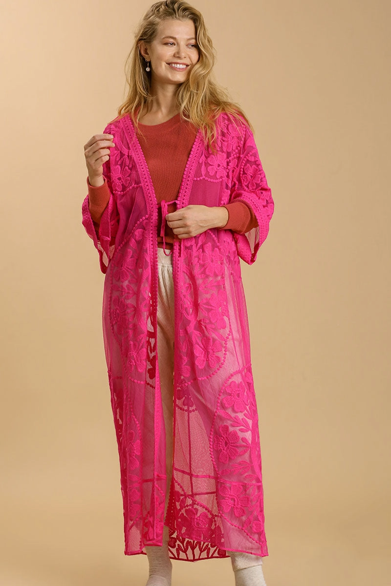Umgee Full Size Floral Lace Open Front Long Kimono With Waist Tie Plus Size Exclusive Online Offer Limited Time Discount