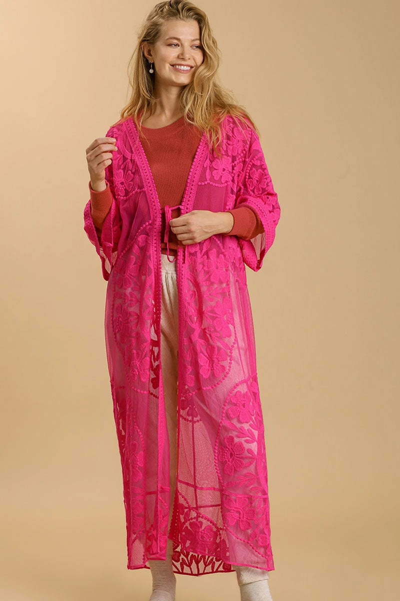 Grab It Fast Umgee Full Size Floral Lace Open Front Long Kimono With Waist Tie Plus Size