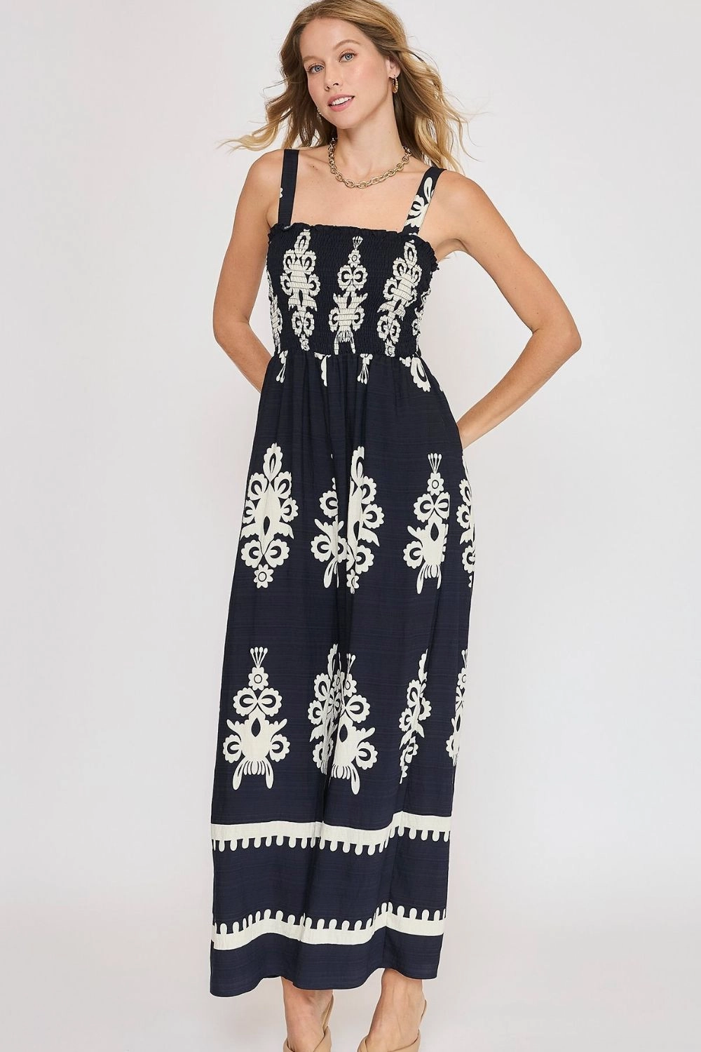 Umgee Full Size Smocked Printed Wide Leg Jumpsuit Plus Size Trending Today Steal Last Chance Offer