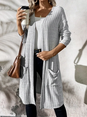 Perfect Gift Offer Ribbed Open Front Long Sleeve Cardigan With Pockets