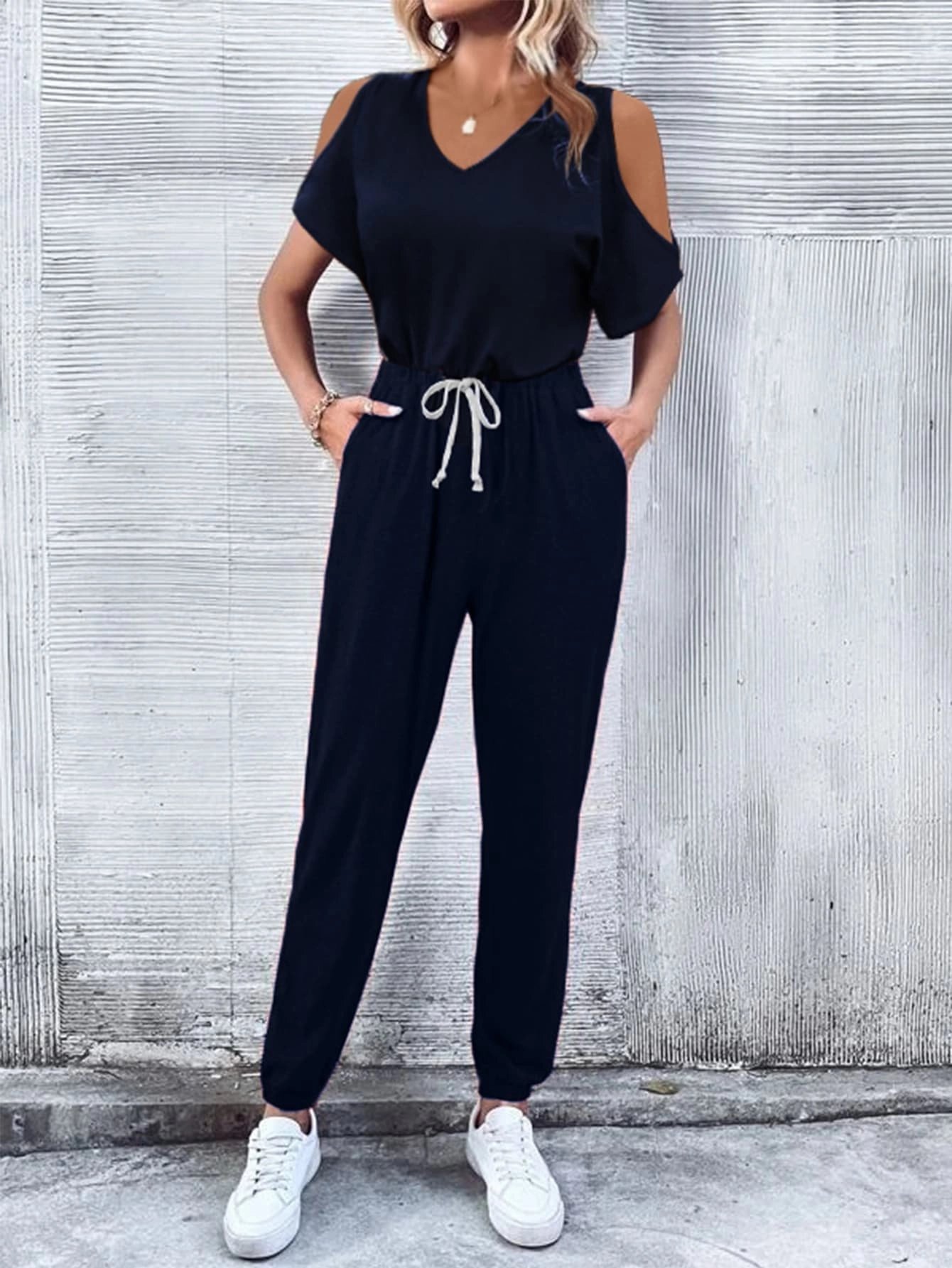 V-Neck Cold-Shoulder Jumpsuit With Pockets Hot Offer Event