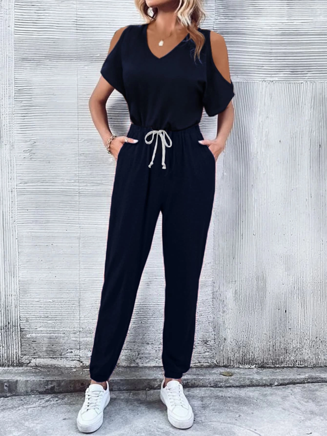 Mega Discount Today V-Neck Cold-Shoulder Jumpsuit With Pockets