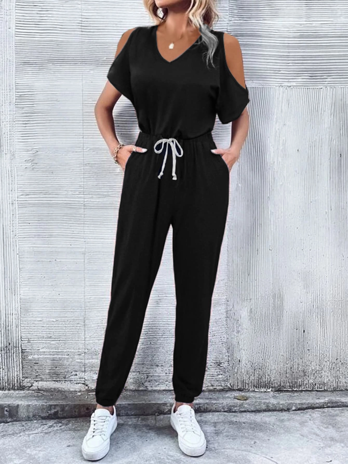 V-Neck Cold-Shoulder Jumpsuit With Pockets Shop Today Save
