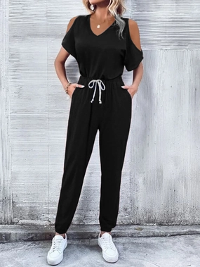 V-Neck Cold-Shoulder Jumpsuit With Pockets Todays Hot Pick Steal the Deal Now