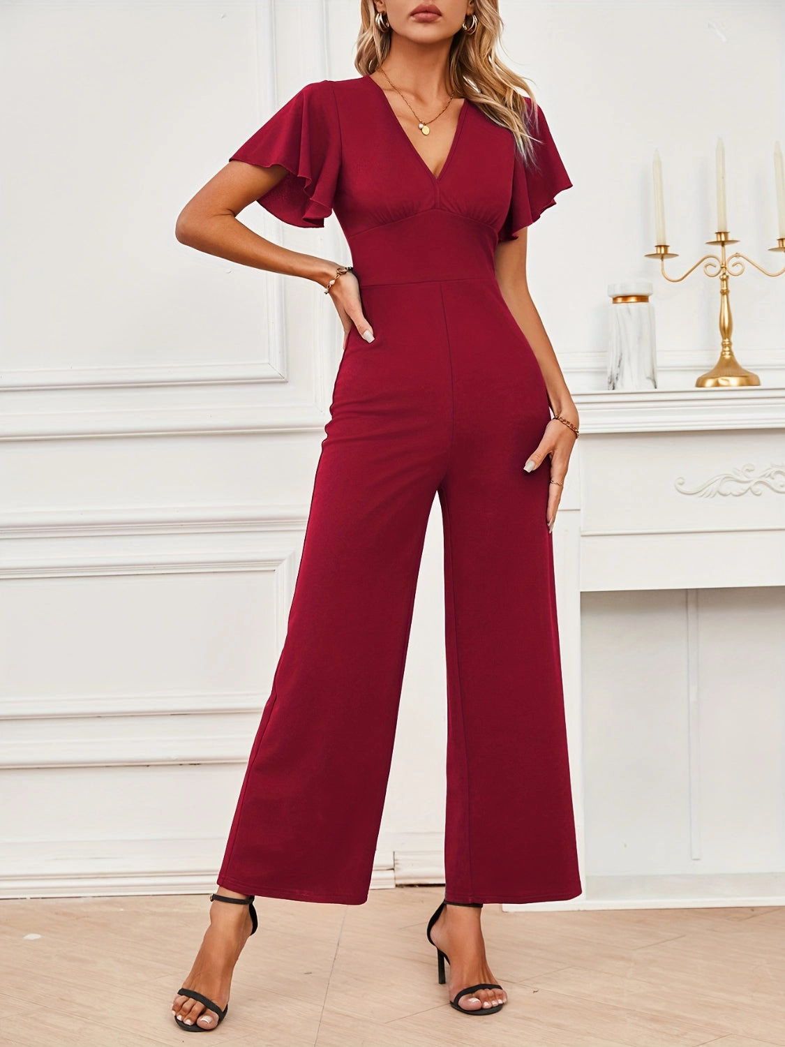 V-Neck Flutter Sleeve Jumpsuit Limited Stock Alert