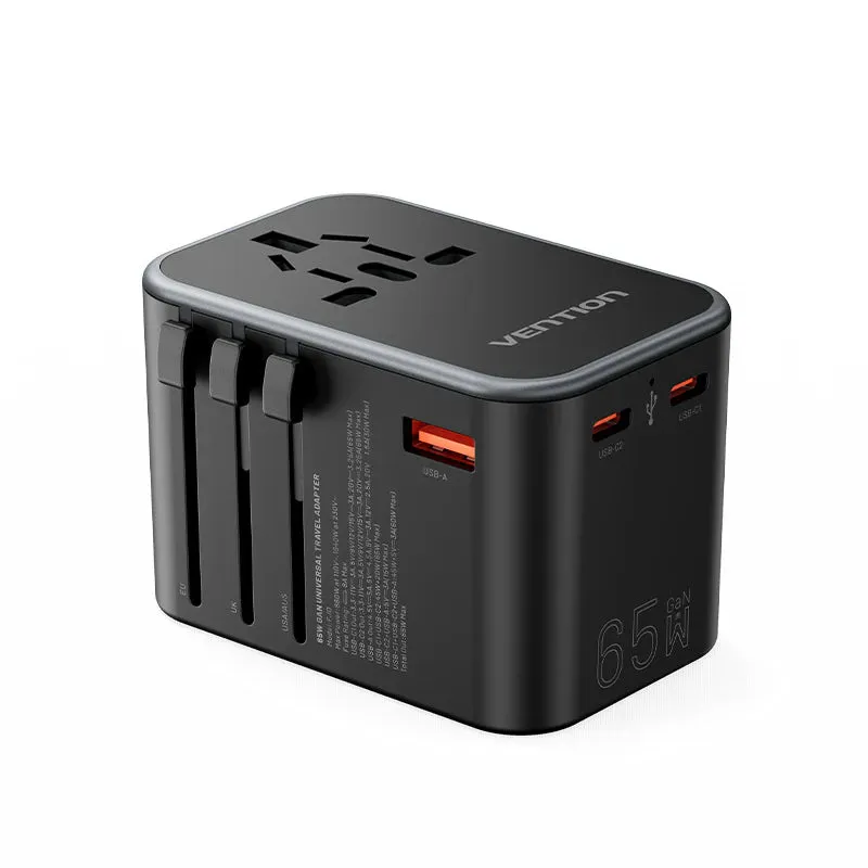 Vention Fjdb0 3-Port Usb (C C A) Gan Universal Travel Adapter (65W/65W/30W) Black Clearance Steal Today Deal Frenzy Today