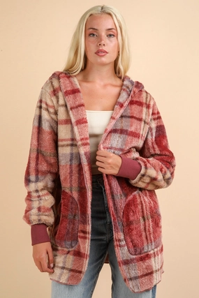 Very J Fuzzy Plaid Long Sleeve Hooded Jacket Hot Offer Inside