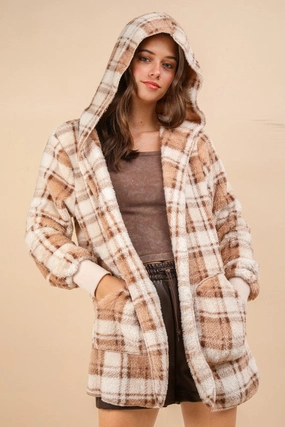 Very J Fuzzy Plaid Long Sleeve Hooded Jacket Mega Online Discount