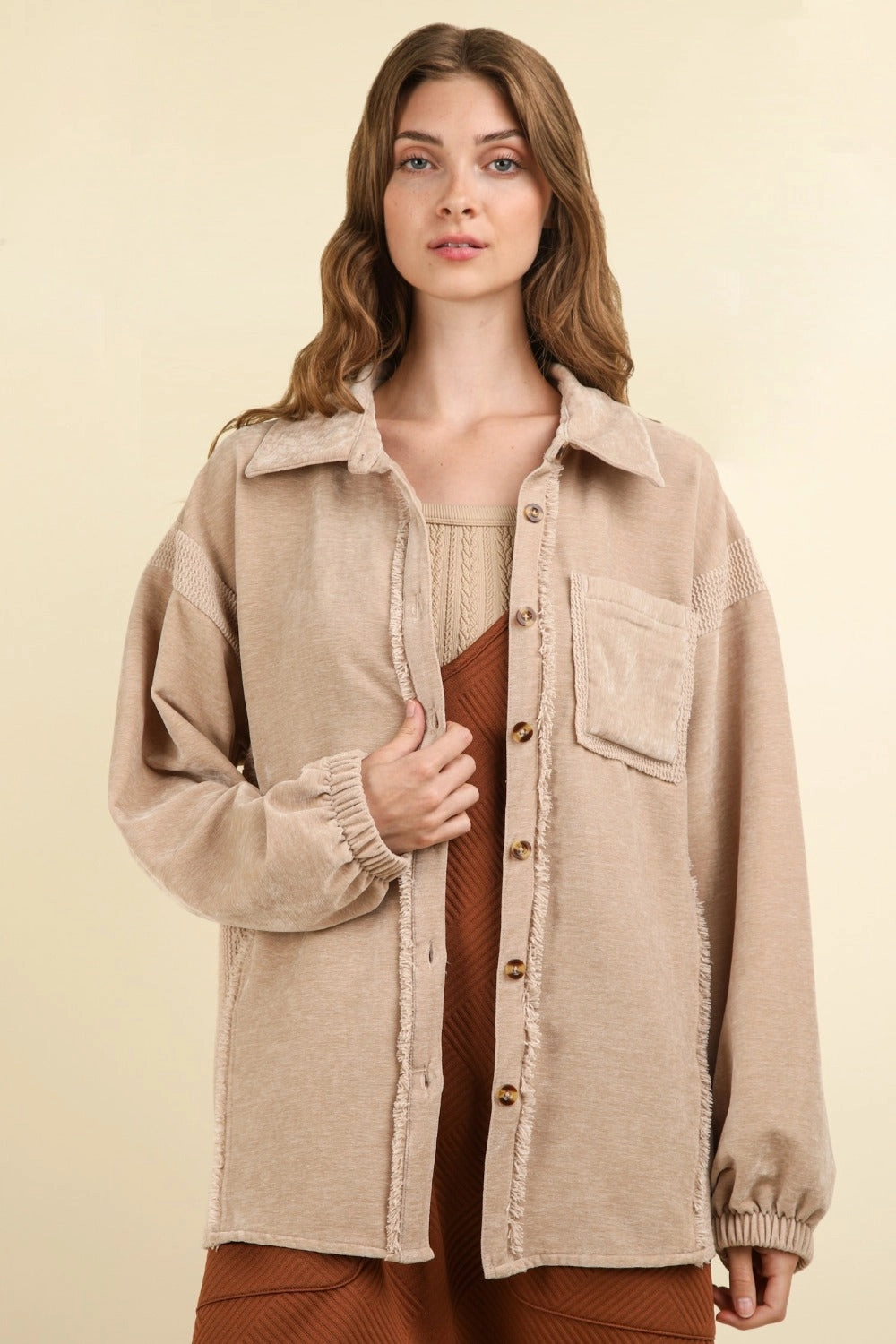 Hot Pick Deal Very J Mixed Media Button Down Raw Hem Shacket