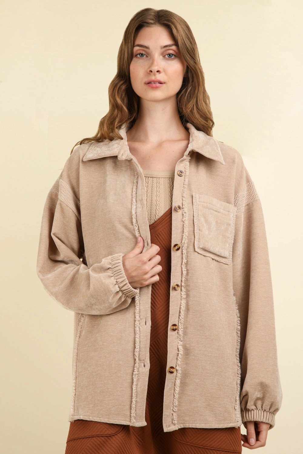 Very J Mixed Media Button Down Raw Hem Shacket Hot Offer Event Todays Special Picks