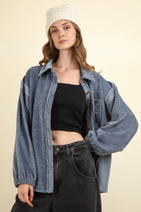 Best Price Today Very J Mixed Media Button Down Raw Hem Shacket
