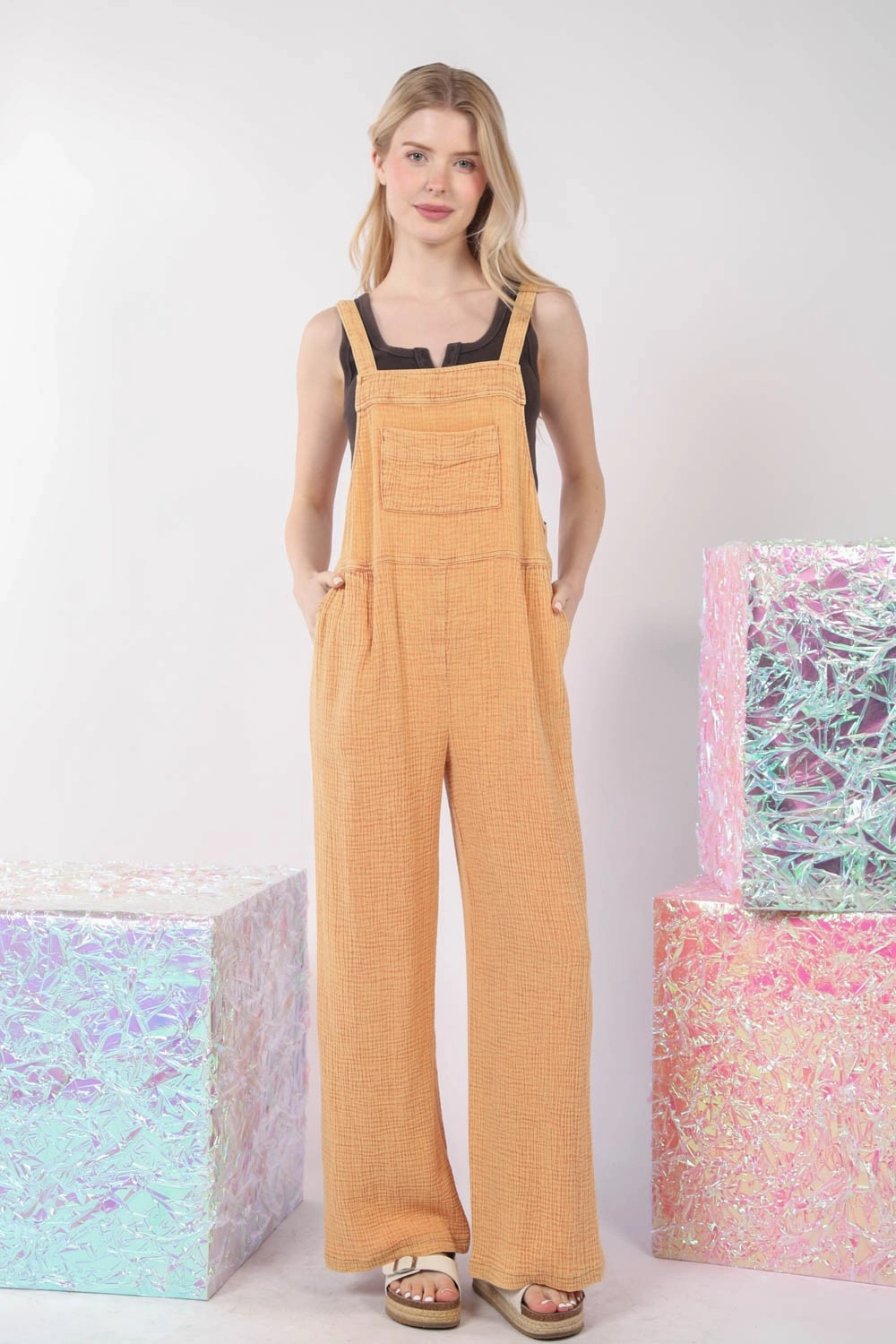 Very J Texture Washed Wide Leg Overalls Trending Hot Picks