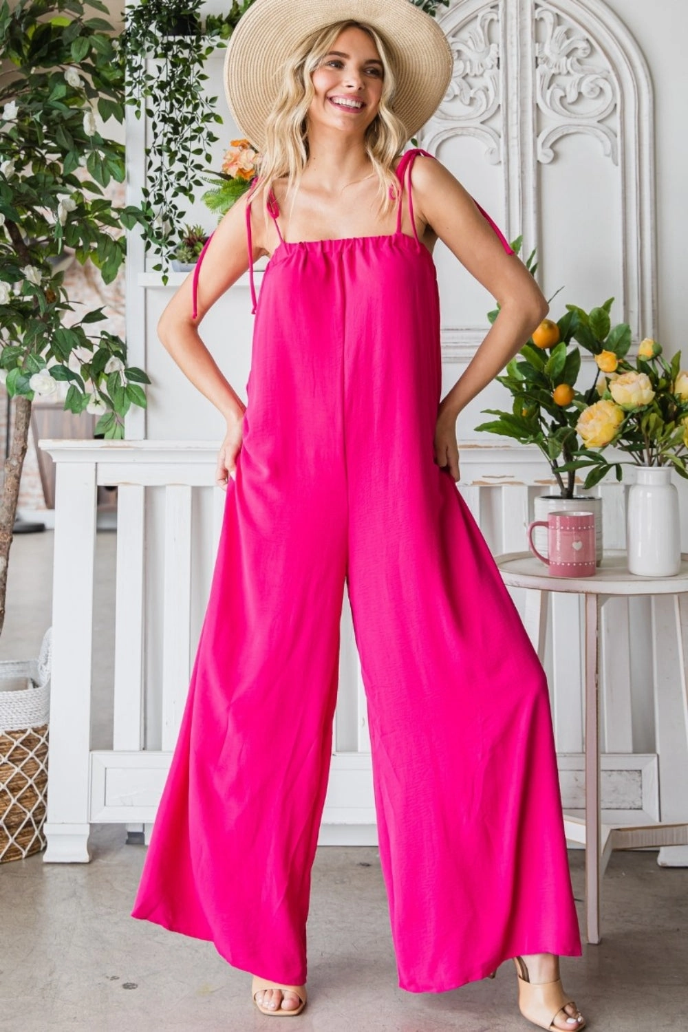 Shop the Savings Flash Pick Today Veveret Pocketed Spaghetti Strap Wide Leg Jumpsuit