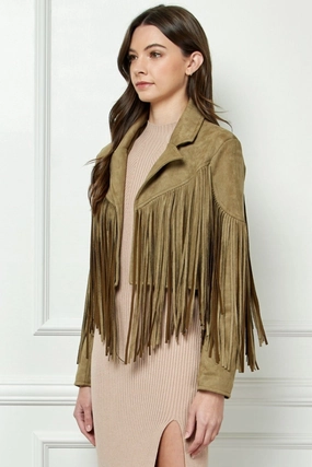 Grab It Fast Veveret Suede Fringe Long Sleeve Moto Jacket