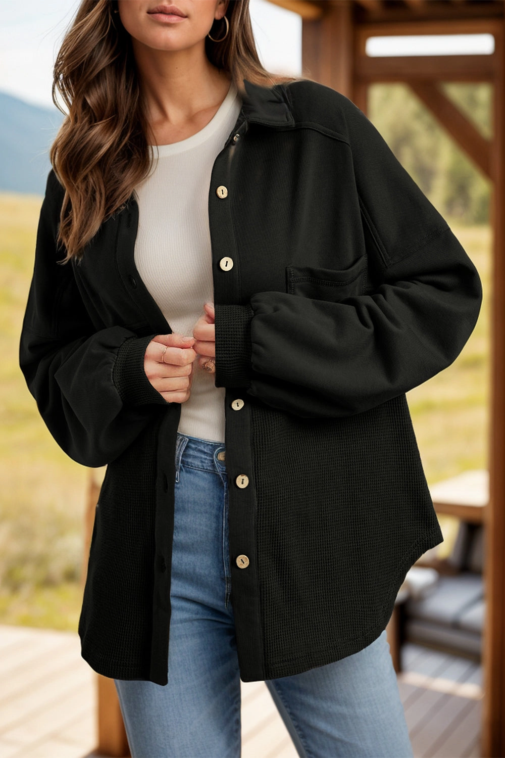 Instant Savings Deal Waffle-Knit Collared Neck Long Sleeve Shacket