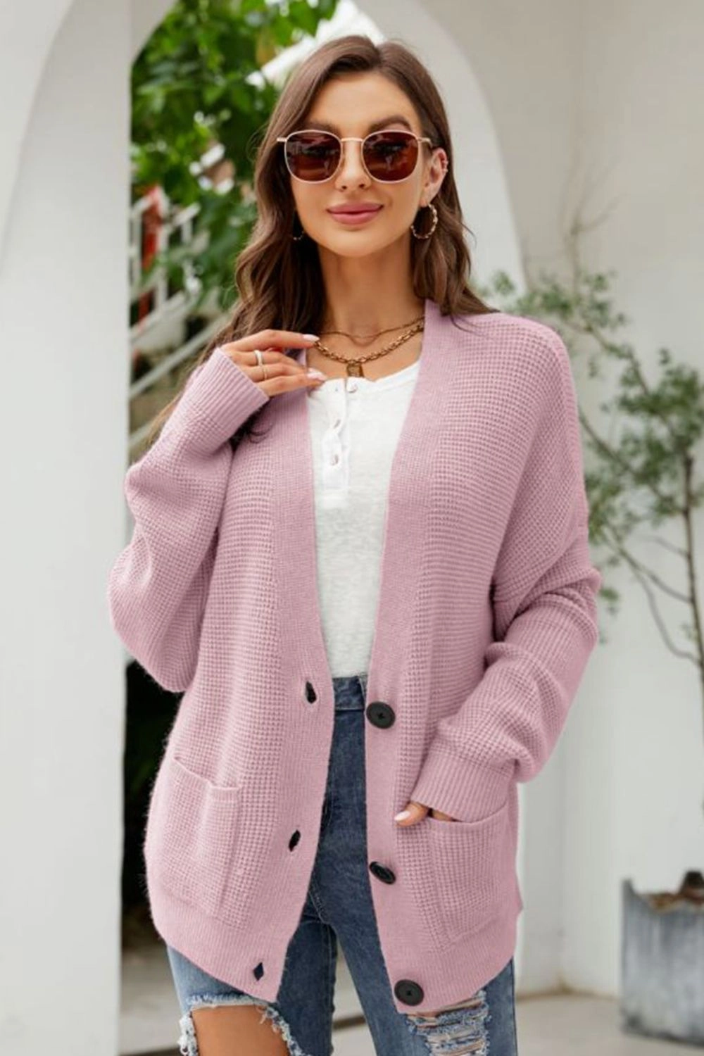 Waffle-Knit Dropped Shoulder Cardigan MustShop Sale