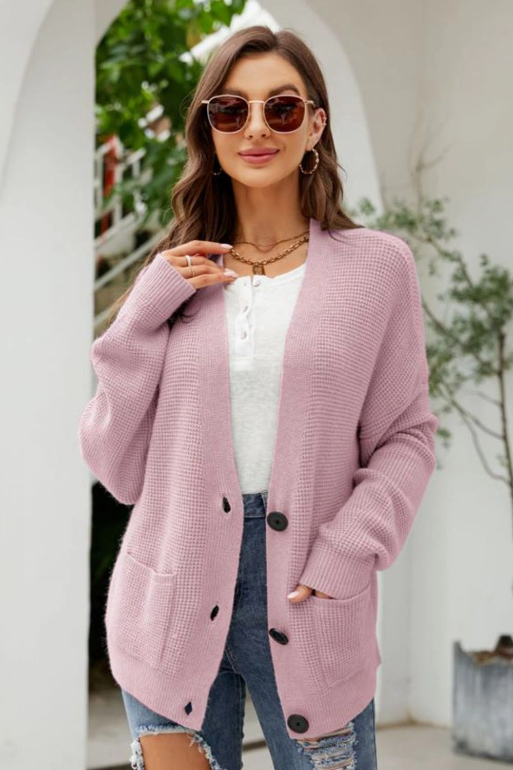 Shop Hot Deals Waffle-Knit Dropped Shoulder Cardigan