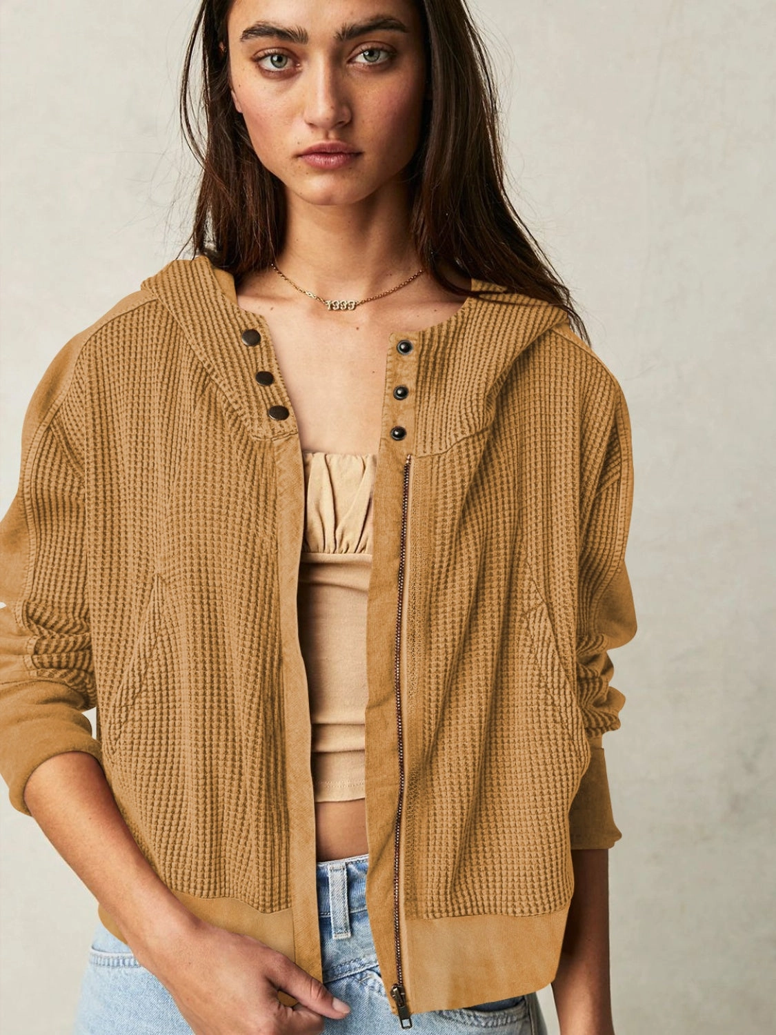Perfect Gift Sale Today Only Discount Alert Waffle-Knit Dropped Shoulder Hooded Jacket