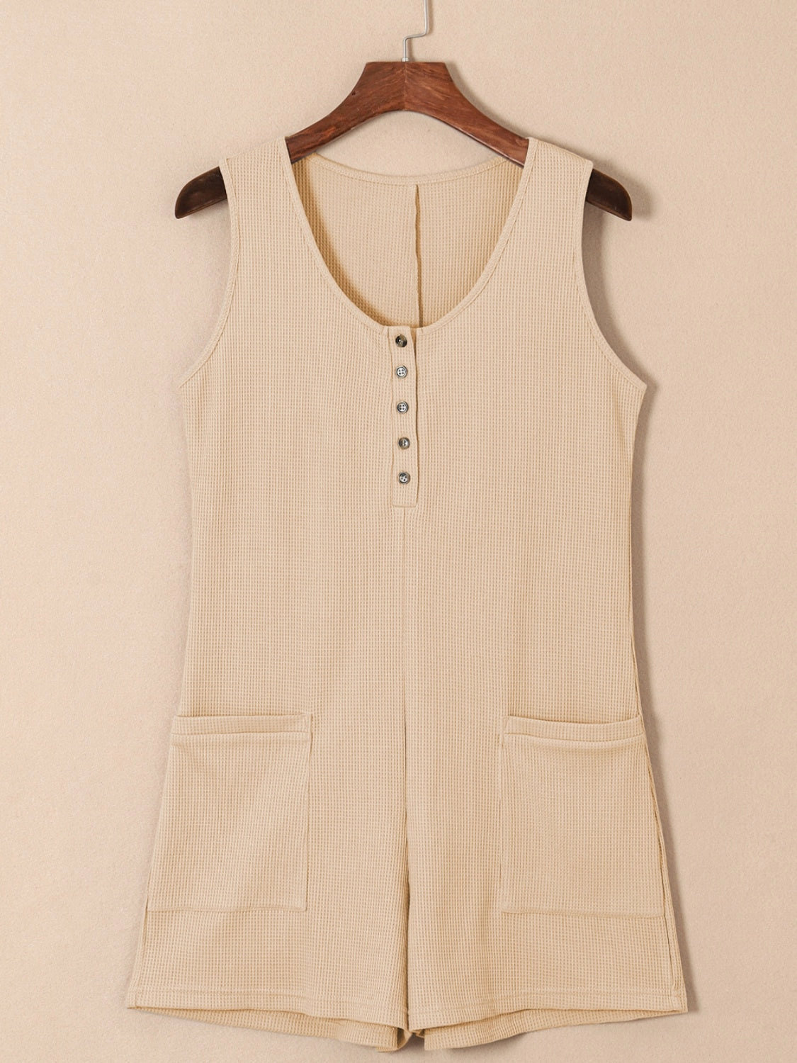 Dont Miss Big Savings Waffle-Knit Half Button Sleeveless Romper With Pockets