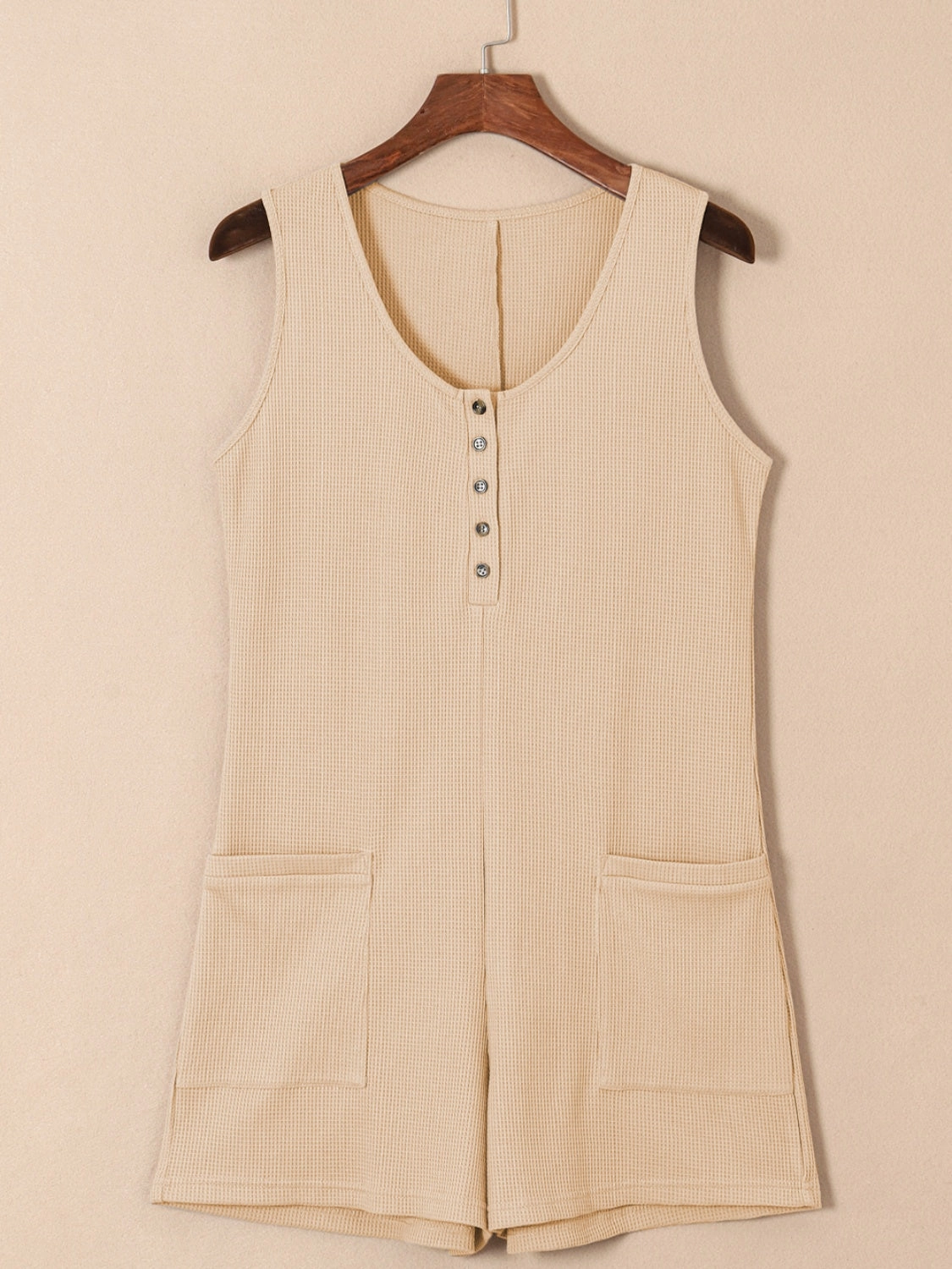 Waffle-Knit Half Button Sleeveless Romper With Pockets Big Savings Alert Grab Your Deal Today