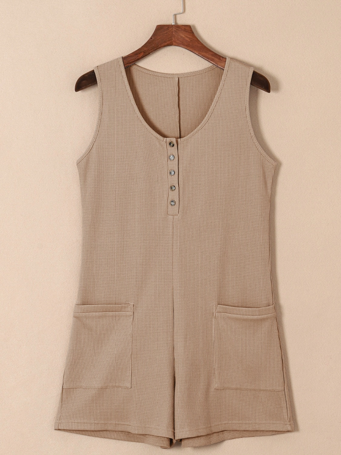 Weekend Specials Clearance Event Waffle-Knit Half Button Sleeveless Romper With Pockets