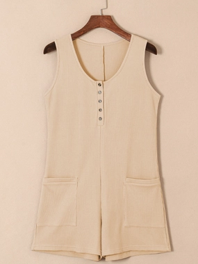 Waffle-Knit Half Button Sleeveless Romper With Pockets Big Savings Alert Grab Your Deal Today